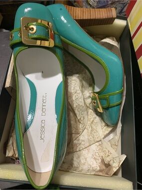 Jessica Bennett Teal Patent Pumps with Green Trim and Gold Buckle
